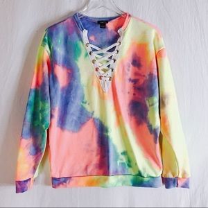 {RUE 21} Neon Tie Dye Sweatshirt Lace Up Detail